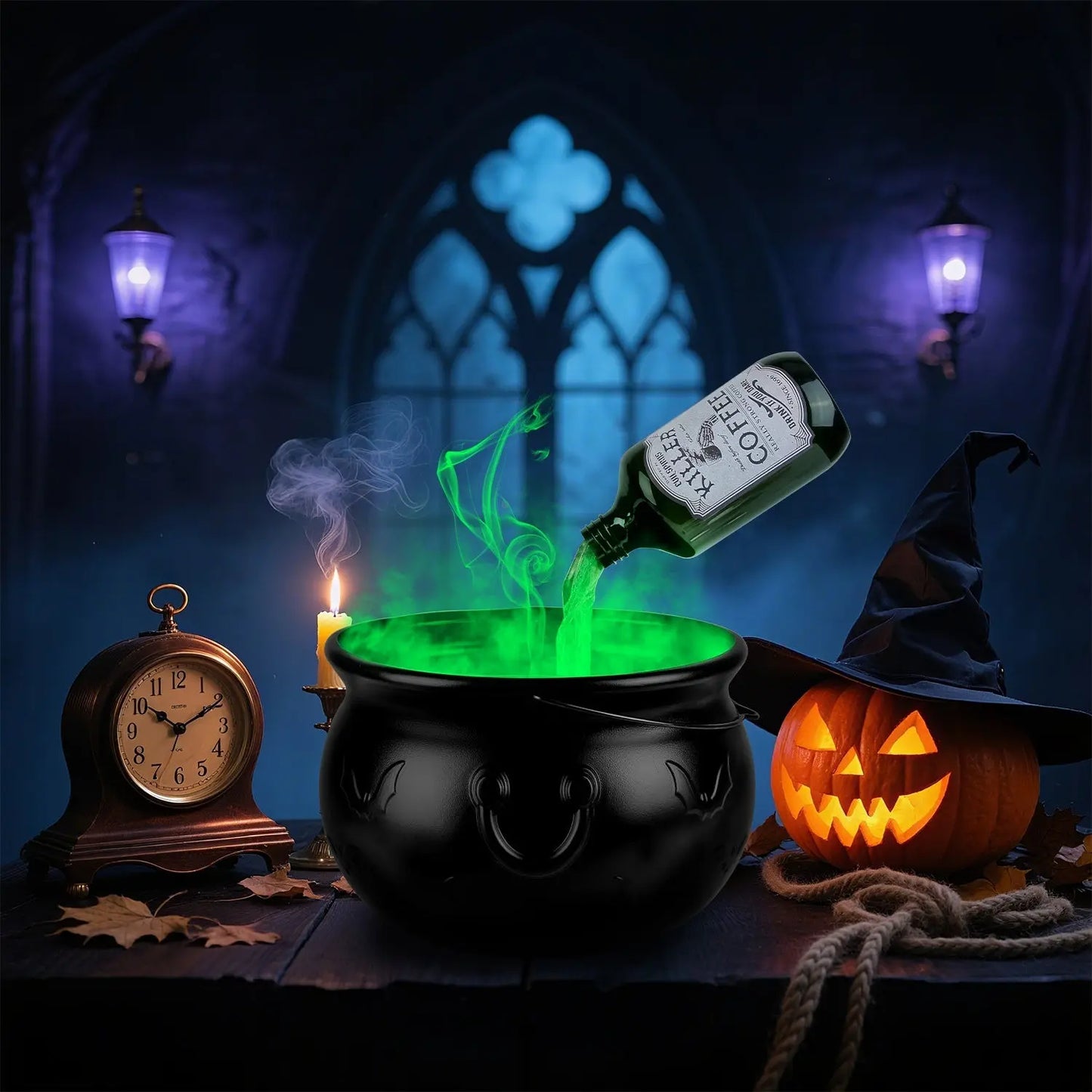 Halloween Floating Bottle Decor with Witches Cauldron & Mist Maker Festaan