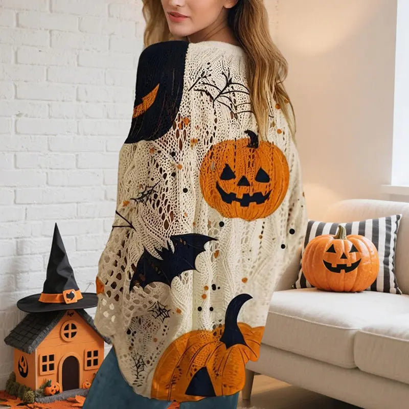 Women’s Halloween Batwing Sleeve Pumpkin Print Blouse – Casual Top Festaan