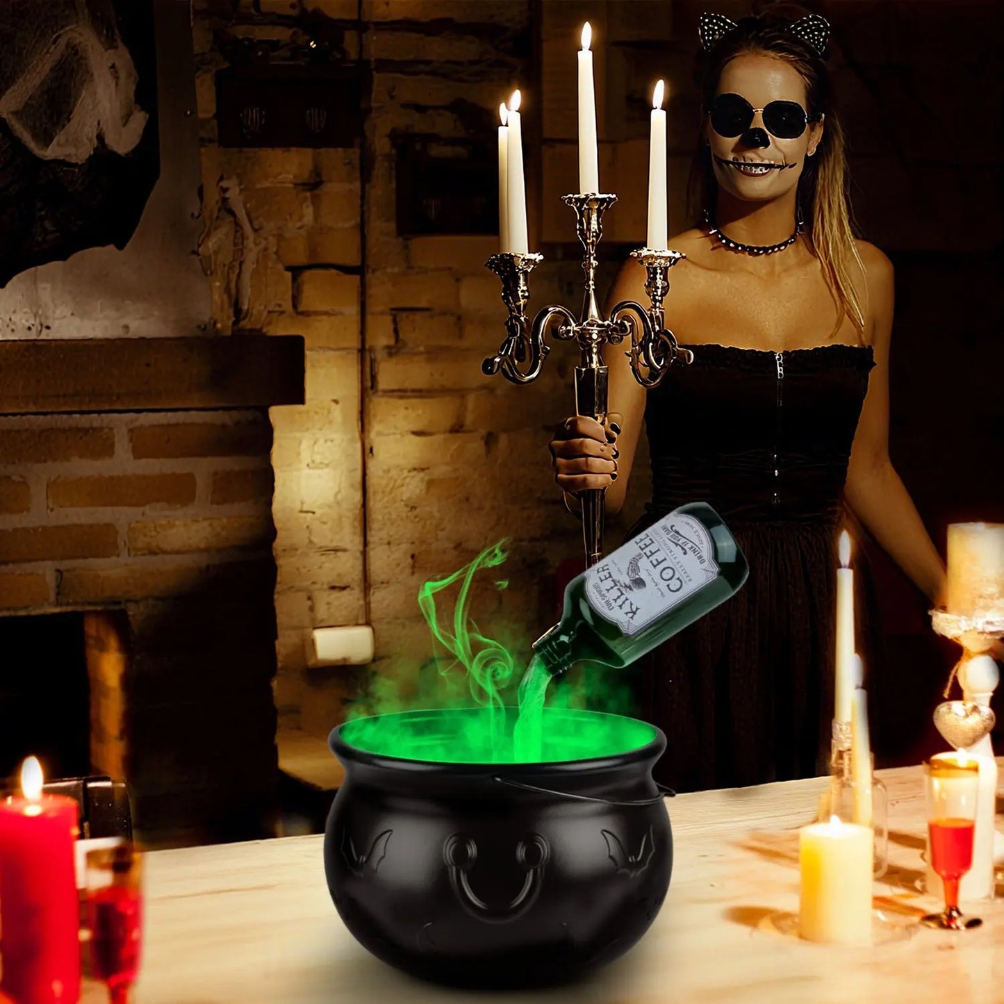 Halloween Floating Bottle Decor with Witches Cauldron & Mist Maker Festaan