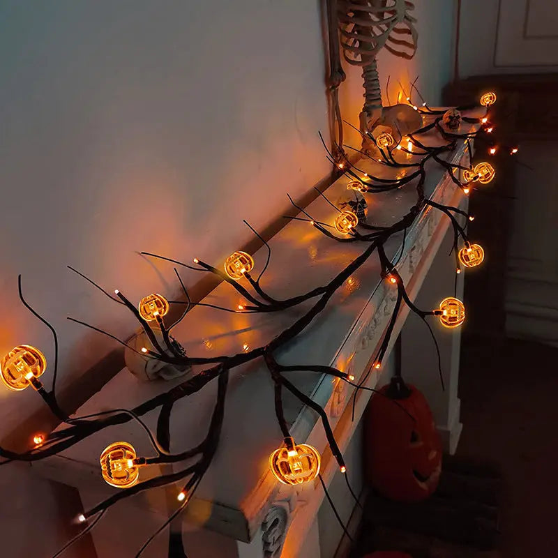 Halloween LED Willow Vine String Lights – Bat & Pumpkin Decoration - Festaan