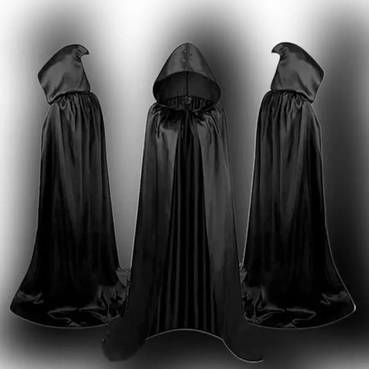 Three black hooded cloaks displayed against a gradient background