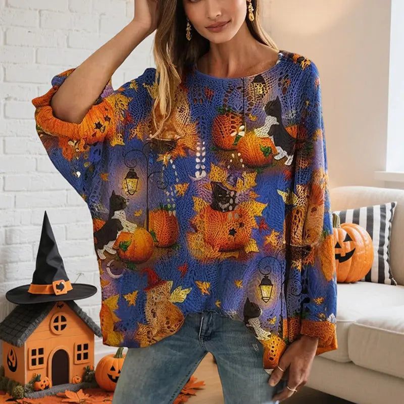 Women’s Halloween Batwing Sleeve Pumpkin Print Blouse – Casual Top Festaan