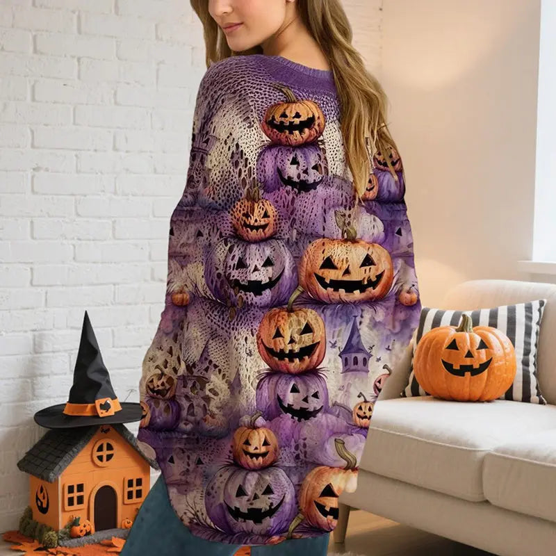 Women’s Halloween Batwing Sleeve Pumpkin Print Blouse – Casual Top Festaan