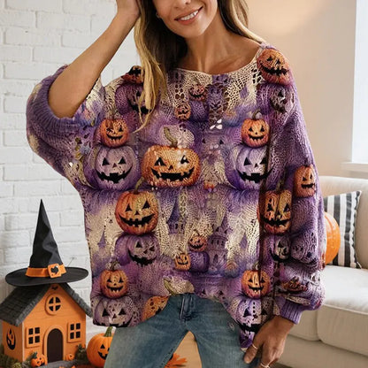 Women’s Halloween Batwing Sleeve Pumpkin Print Blouse – Casual Top Festaan