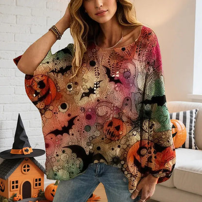 Women’s Halloween Batwing Sleeve Pumpkin Print Blouse – Casual Top Festaan