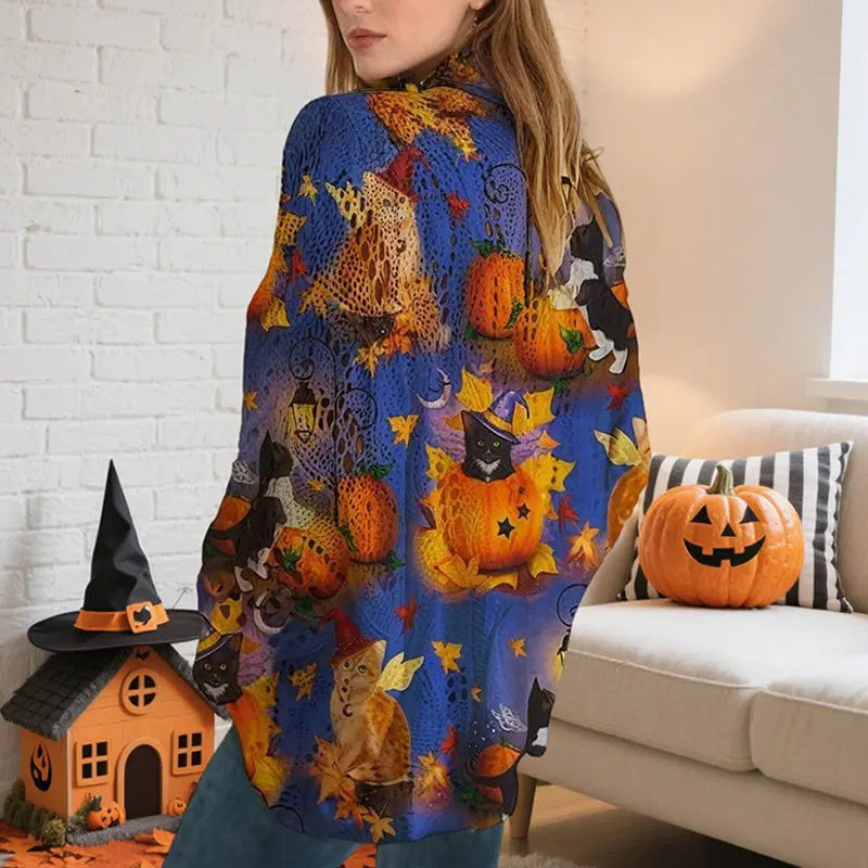 Women’s Halloween Batwing Sleeve Pumpkin Print Blouse – Casual Top Festaan